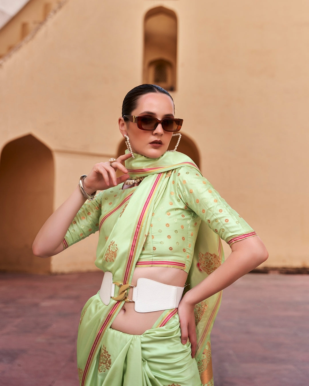 Green Satin Silk With Copper weaving