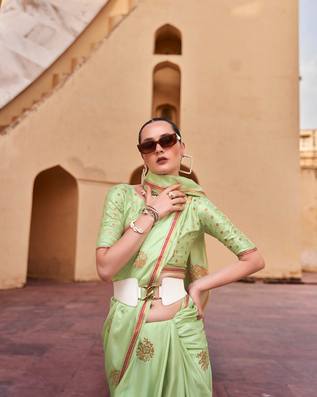 Green Satin Silk With Copper weaving
