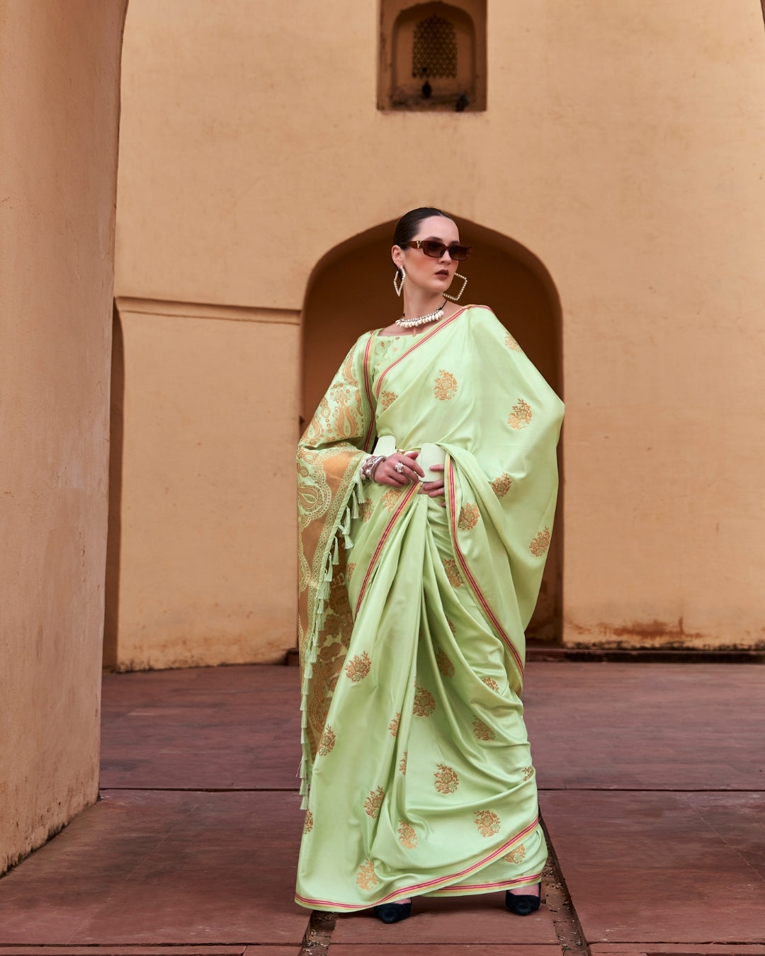 Green Satin Silk With Copper weaving