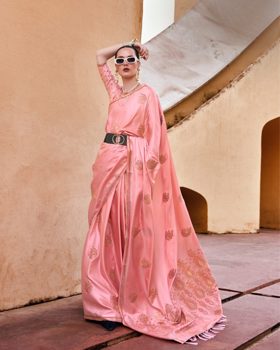 Pink Satin Silk With Copper weaving