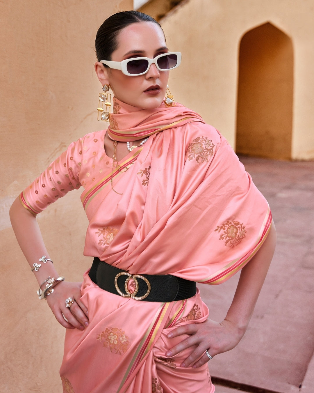 Pink Satin Silk With Copper weaving