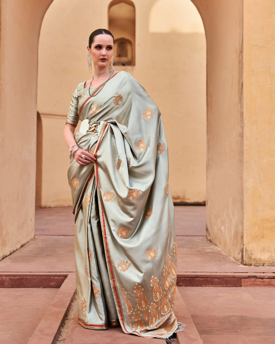 Grey Satin Silk With Copper weaving