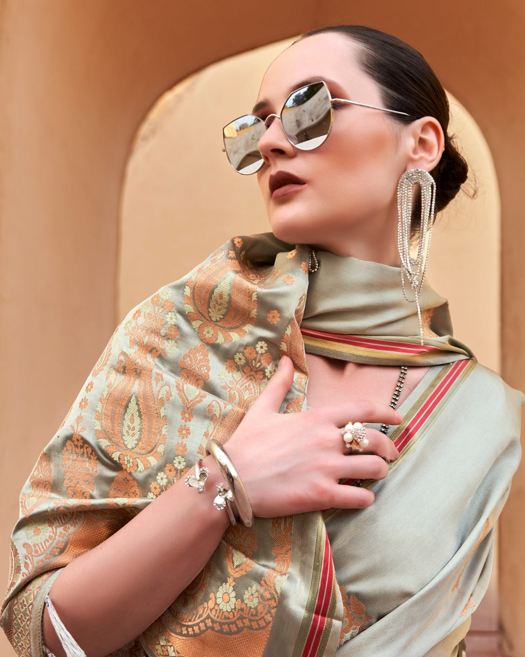 Grey Satin Silk With Copper weaving