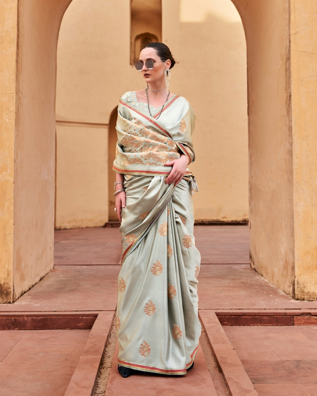 Grey Satin Silk With Copper weaving