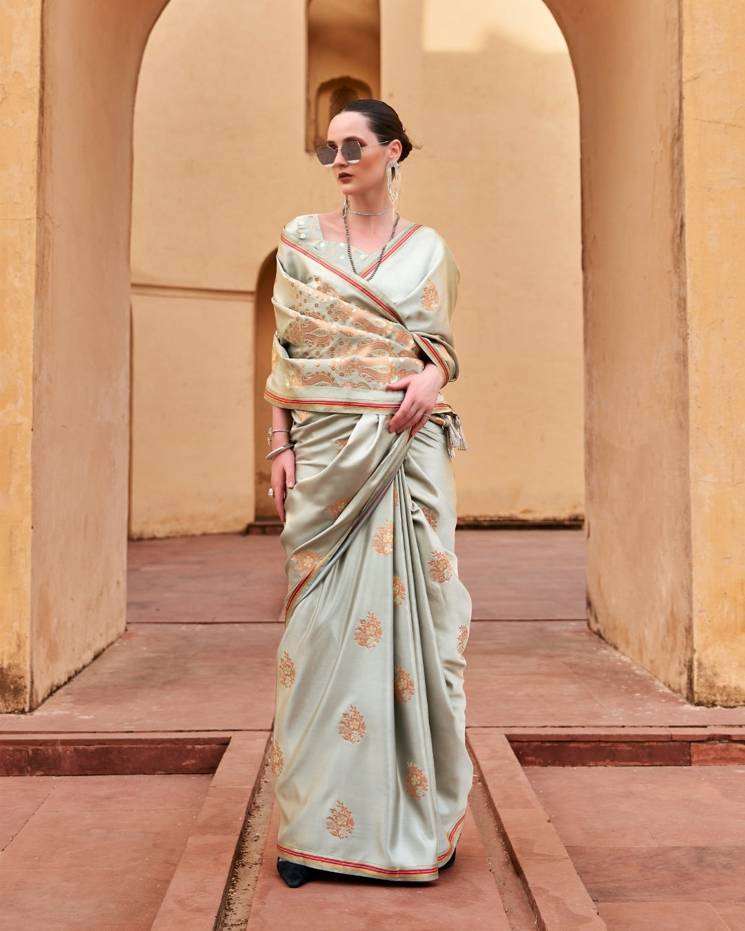 Grey Satin Silk With Copper weaving