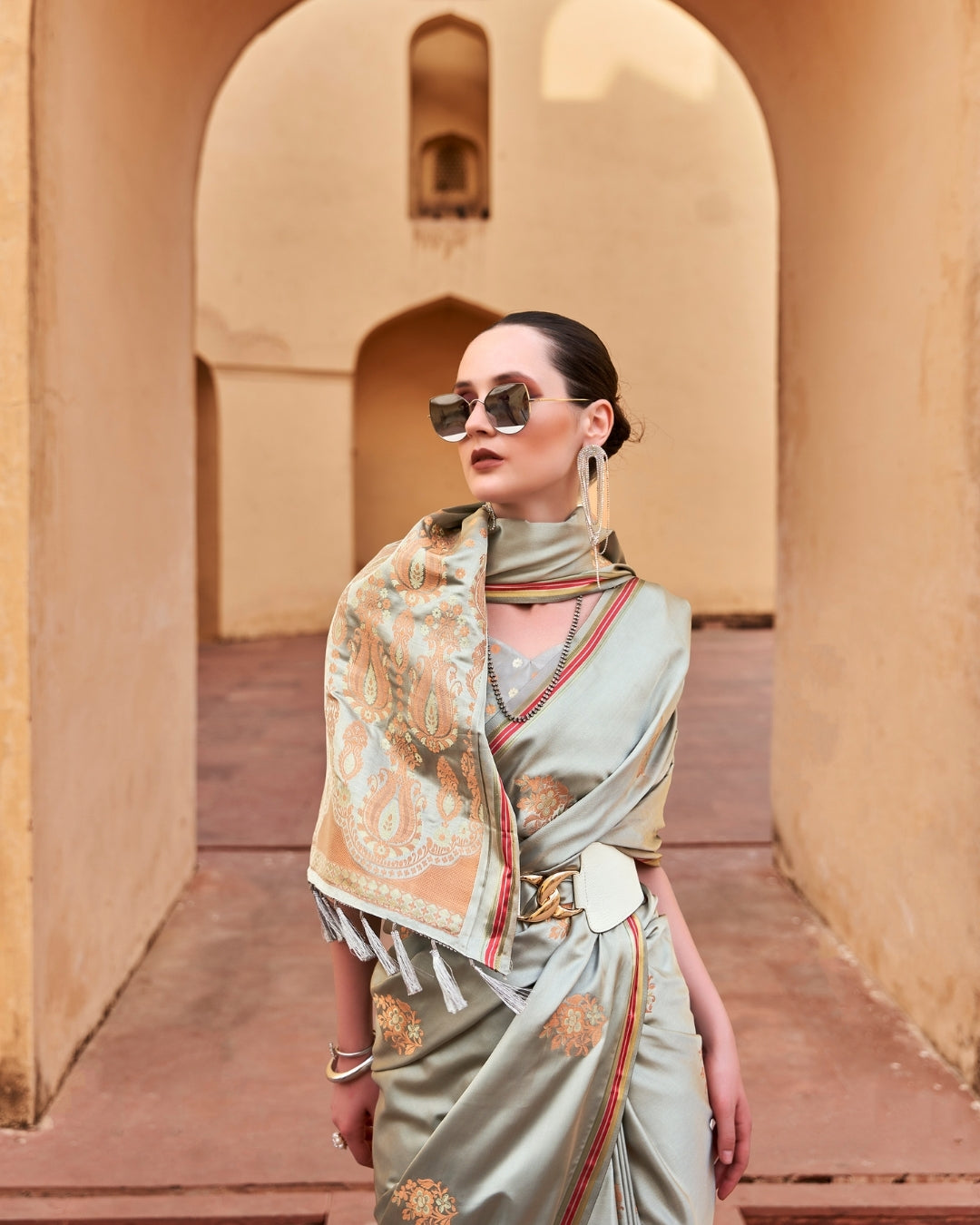 Grey Satin Silk With Copper weaving