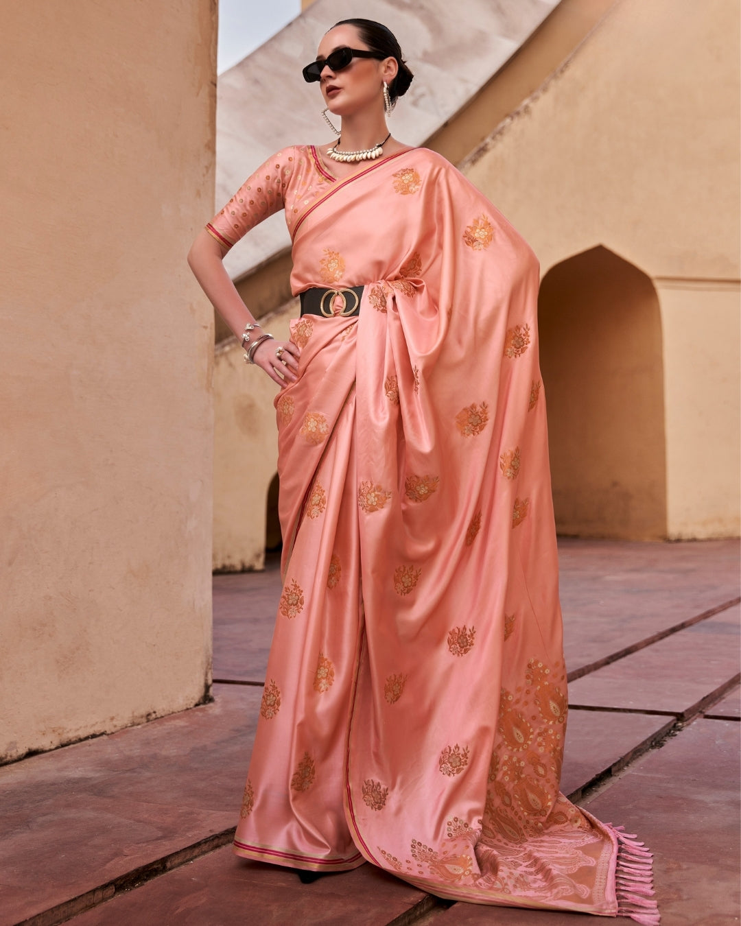 Peach Satin Silk With Copper weaving