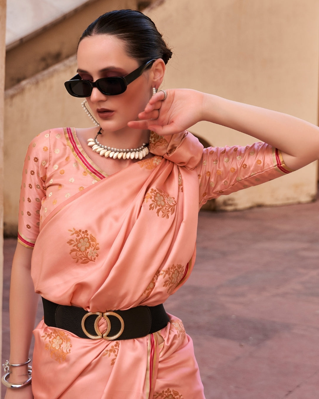 Peach Satin Silk With Copper weaving