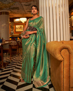 Green Satin Saree in self  weave