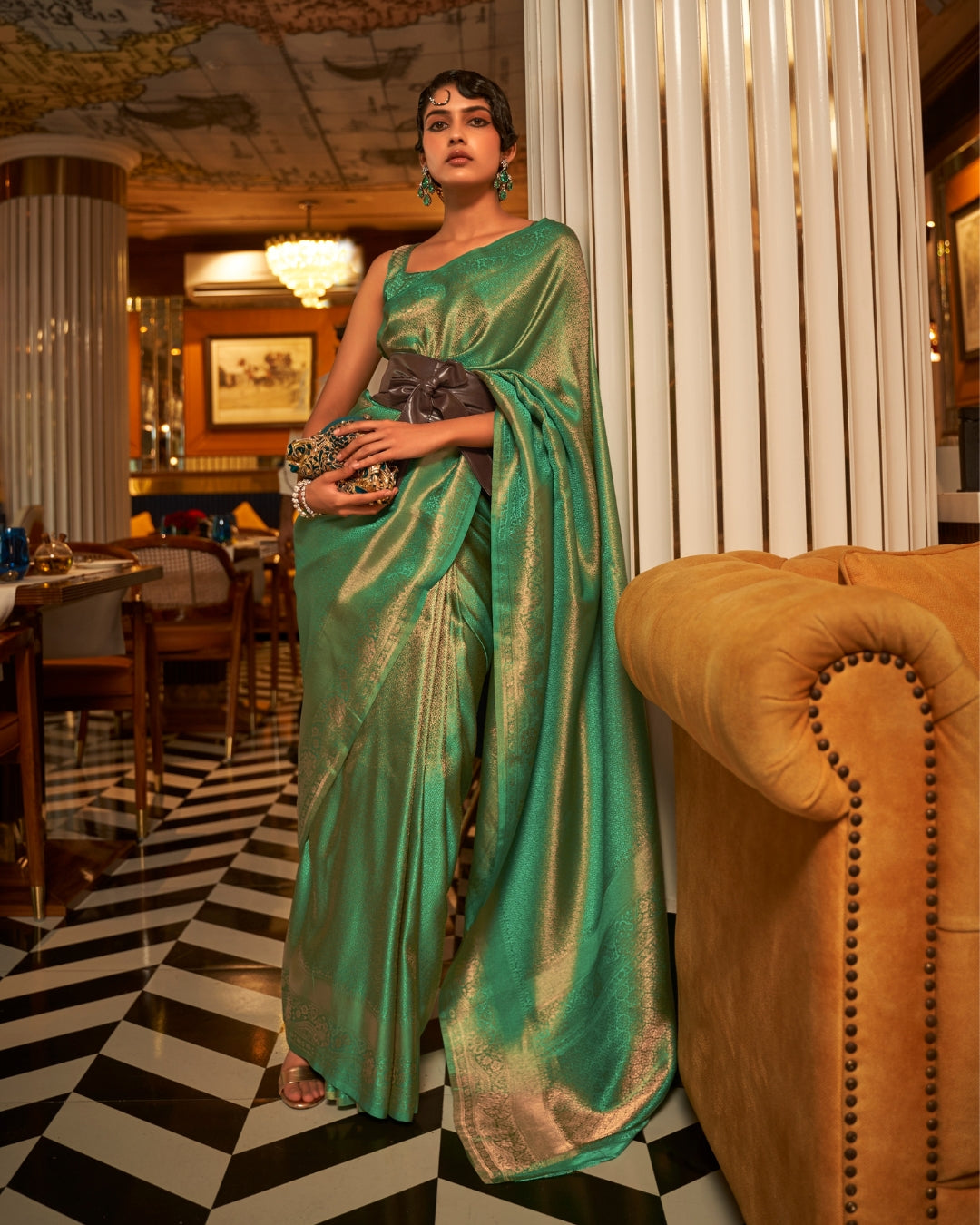 Green Satin Saree in self  weave
