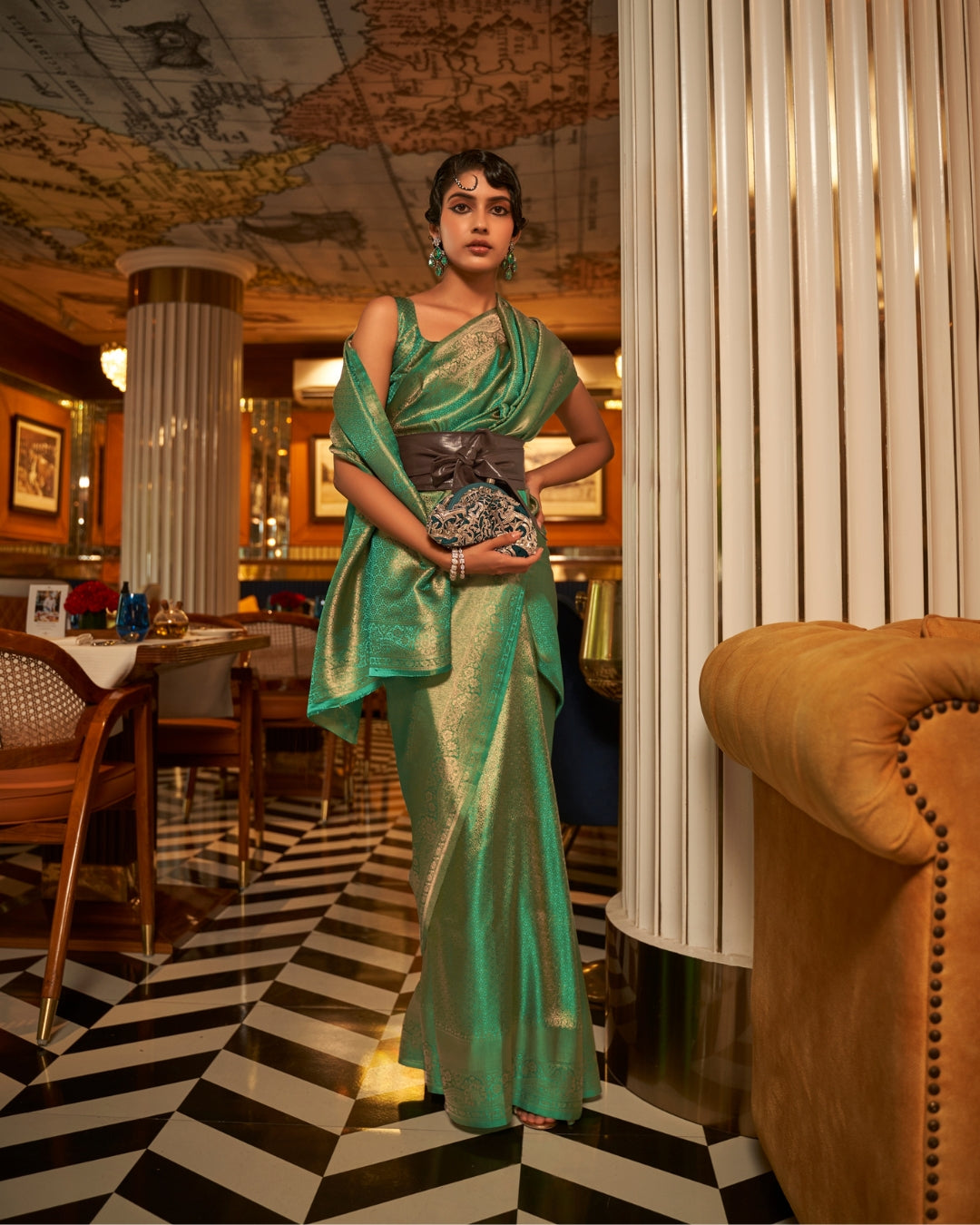 Green Satin Saree in self  weave