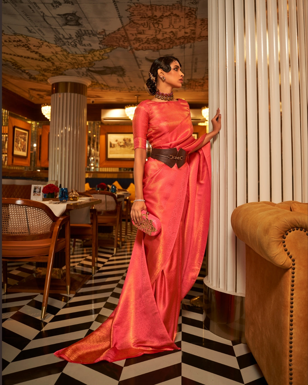 Peachy Pink Satin Saree in self  weave