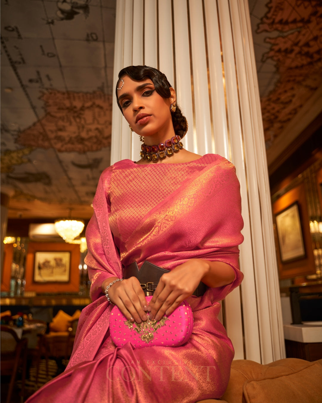 Peachy Pink Satin Saree in self  weave