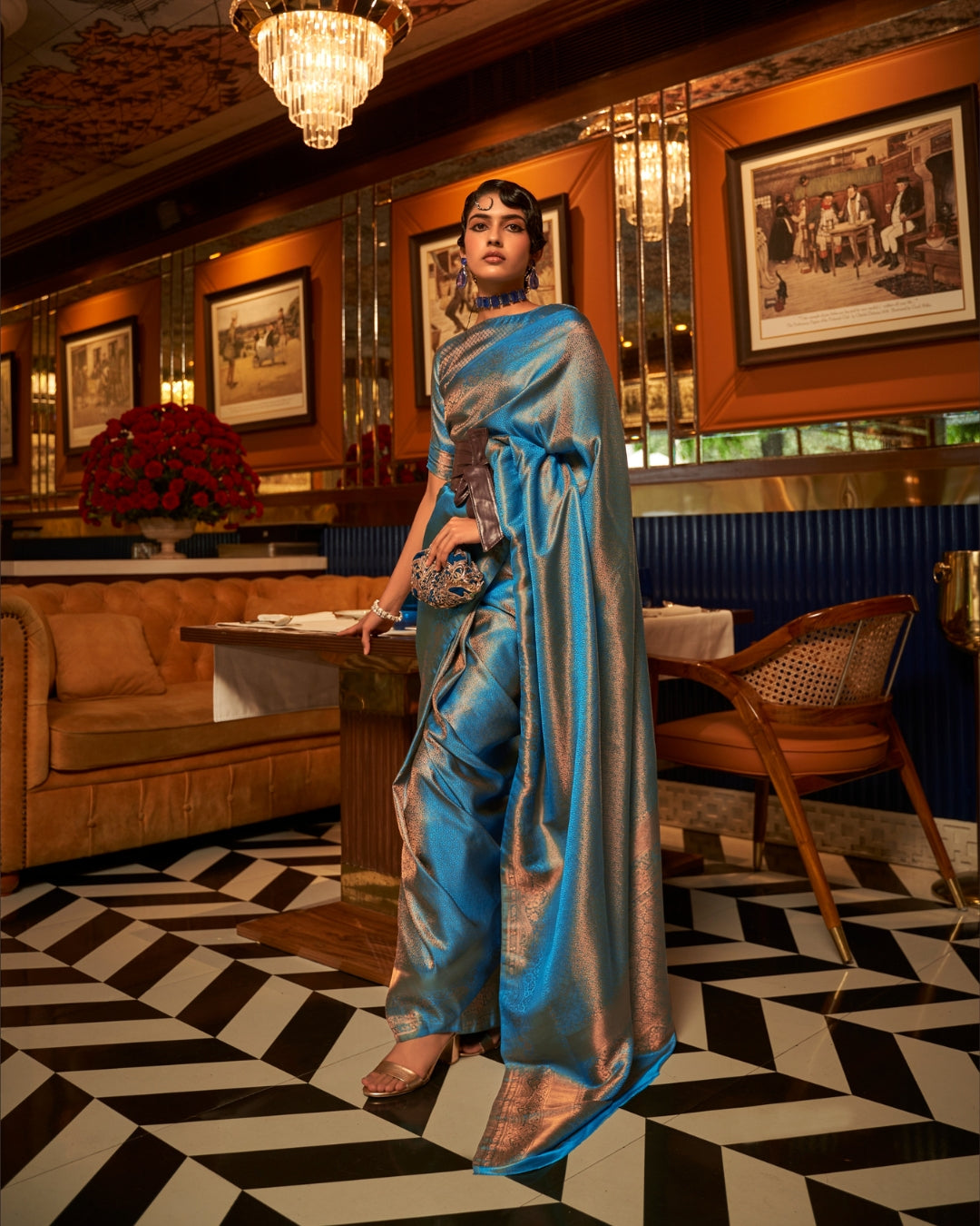 Blue Satin Saree in self weave
