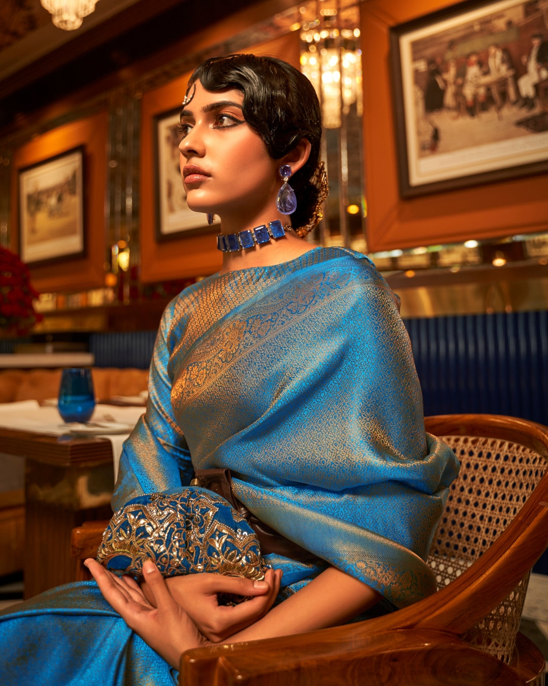 Blue Satin Saree in self weave