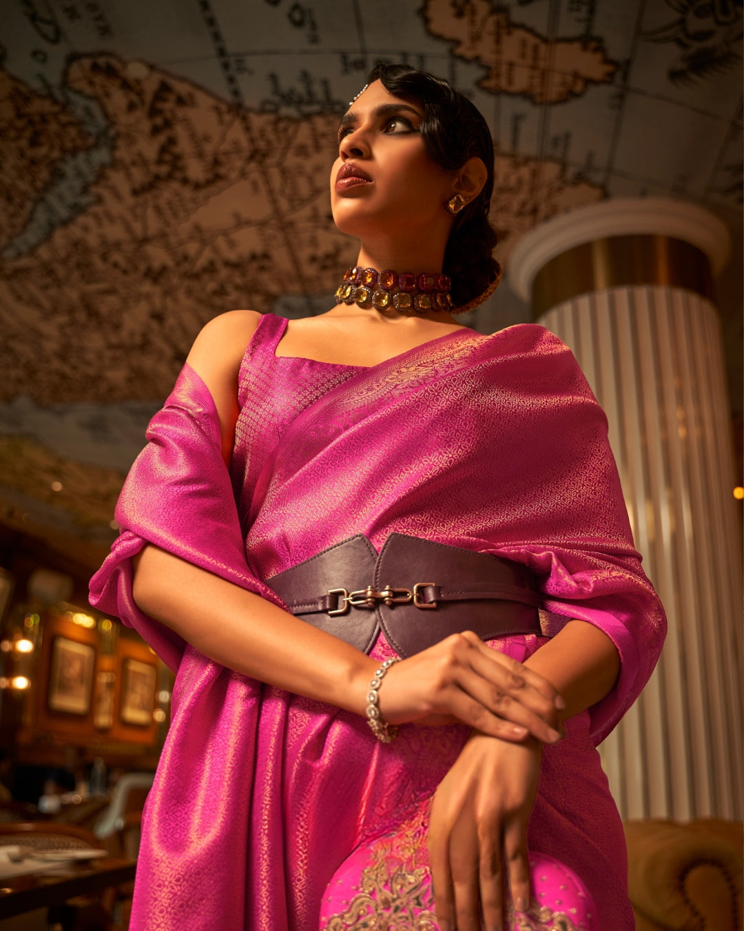 Pink Satin Saree in self weave