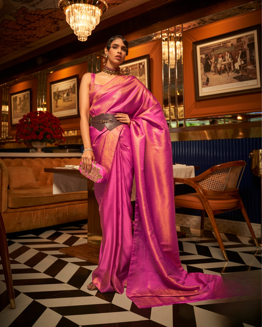 Pink Satin Saree in self weave