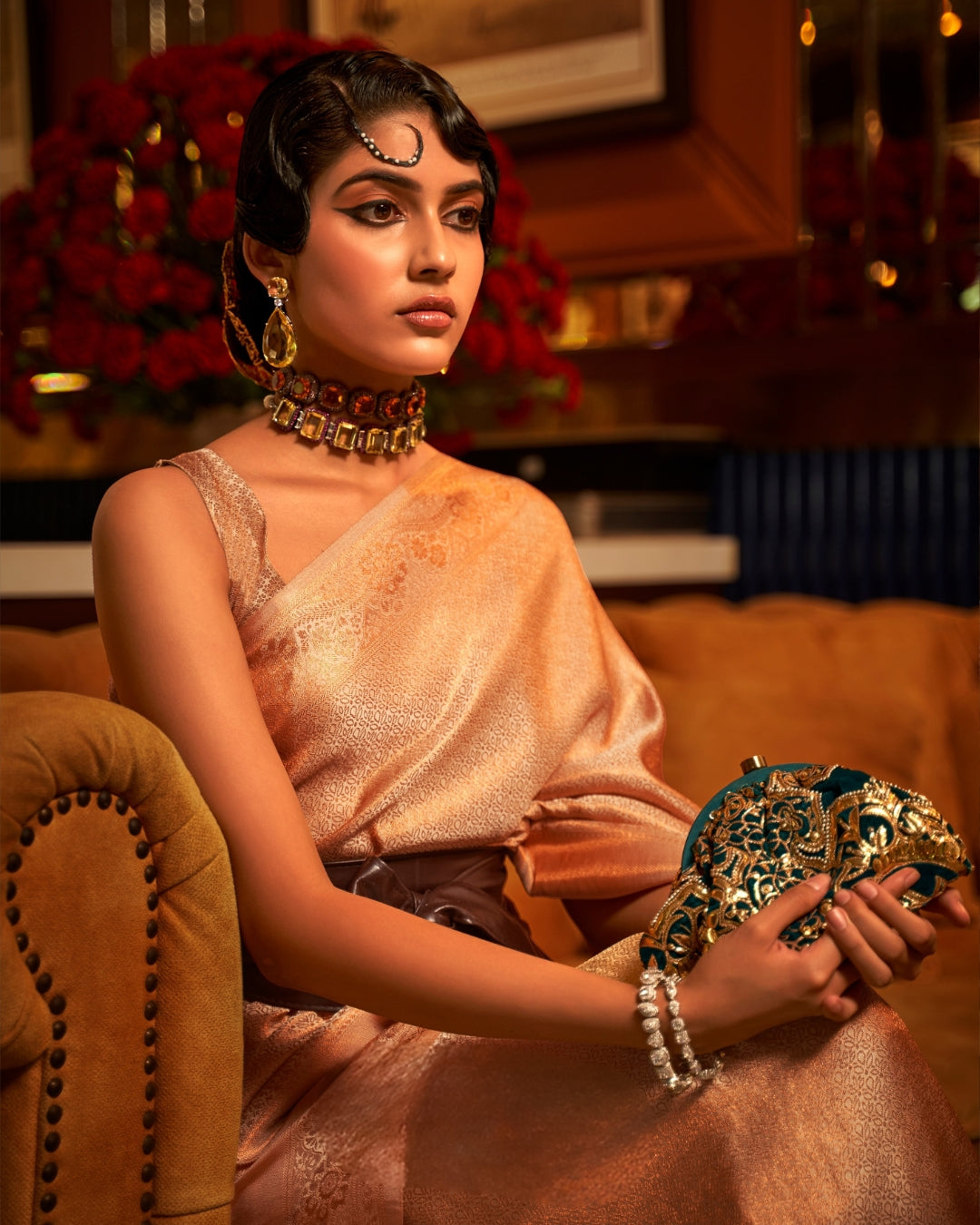 White Gold Satin Saree in self weave