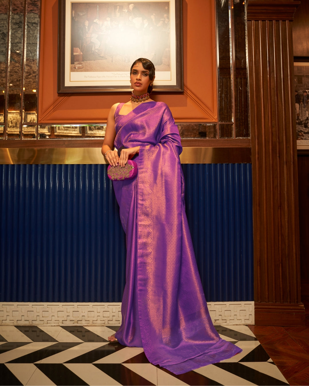 Purple Satin Saree in self weave