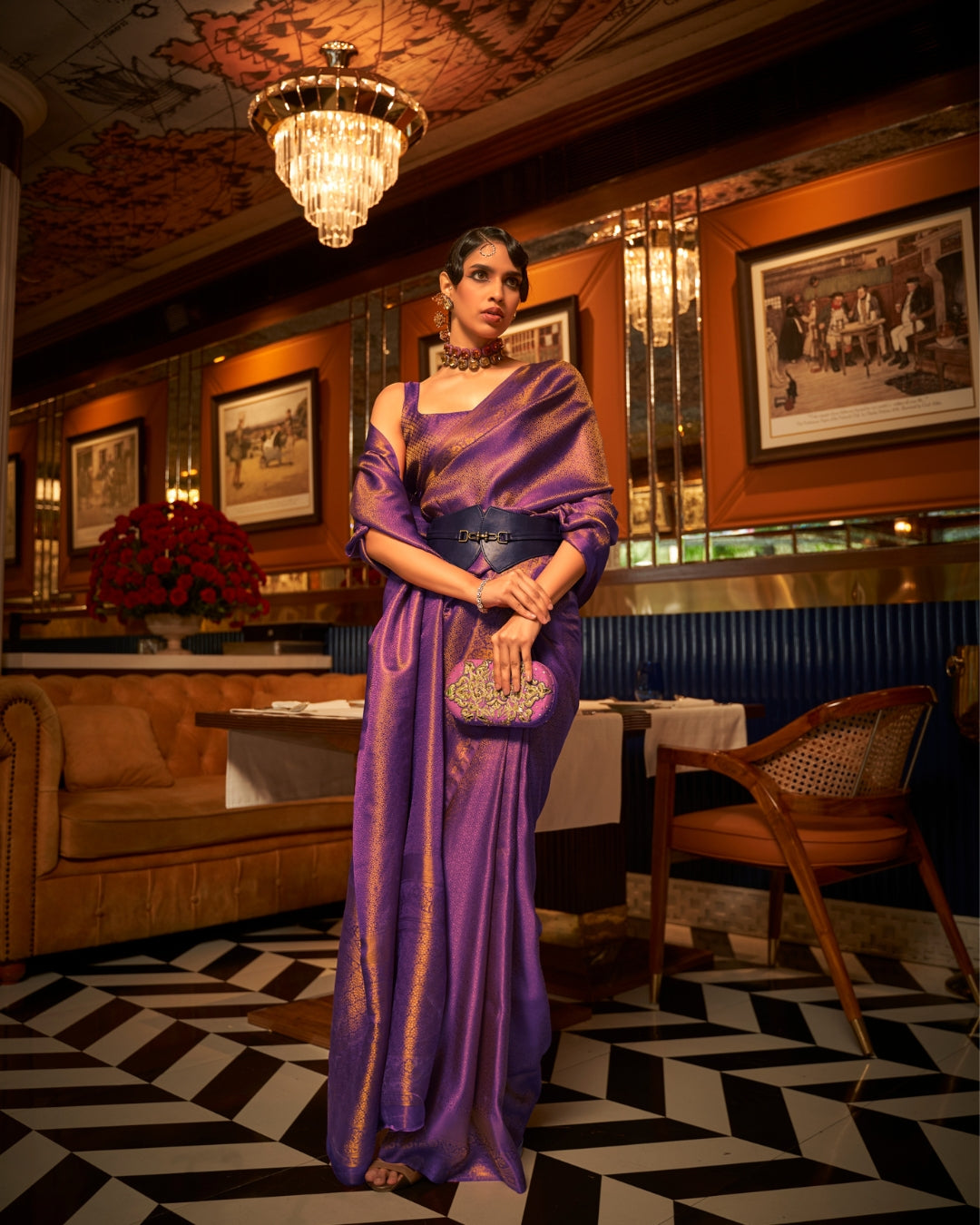 Purple Satin Saree in self weave
