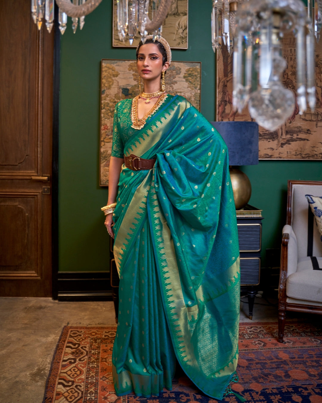 Green Handloom Silk with woven buti