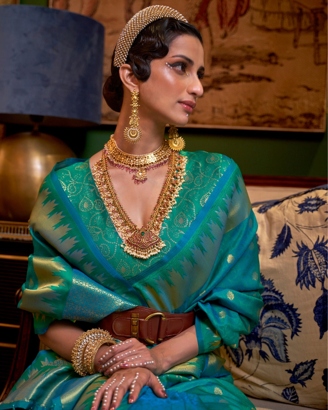 Green Handloom Silk with woven buti