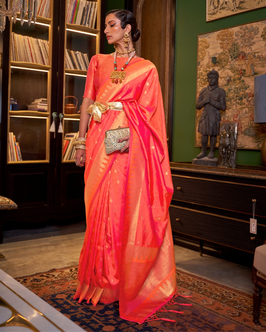 Orange Handloom Silk with woven buti