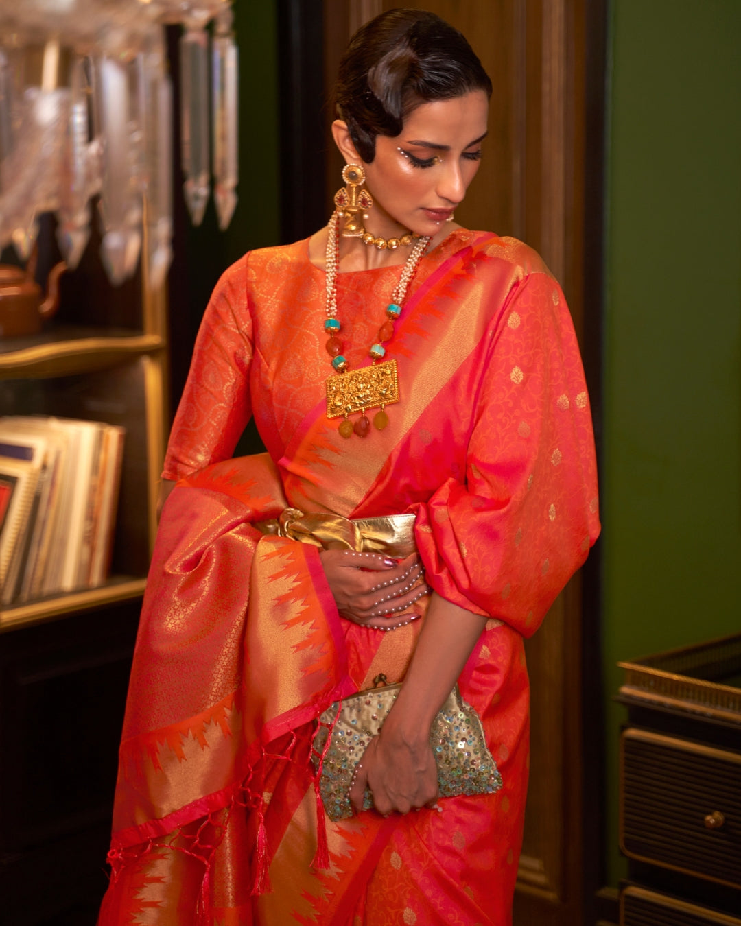 Orange Handloom Silk with woven buti