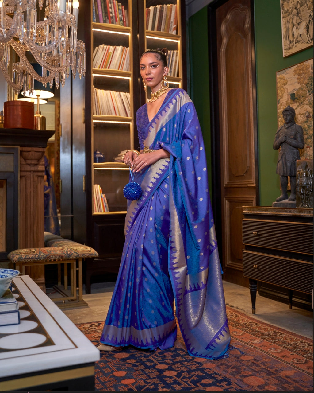 Royal Blue Handloom Silk with woven buti