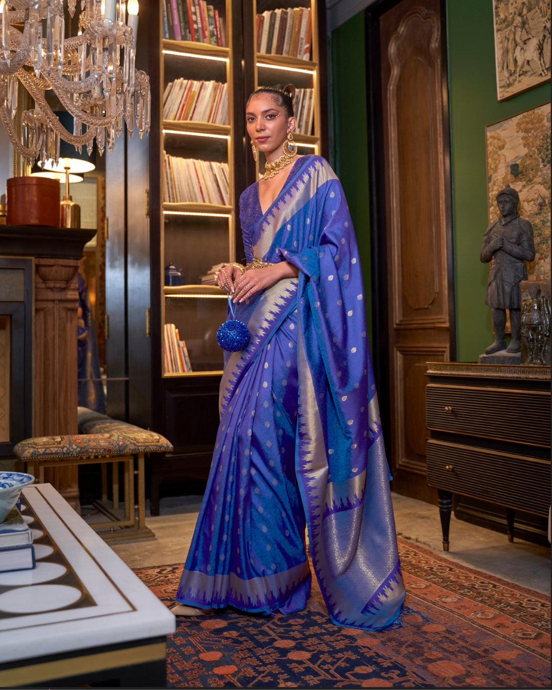 Royal Blue Handloom Silk with woven buti