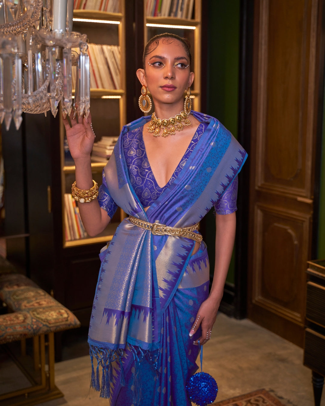 Royal Blue Handloom Silk with woven buti