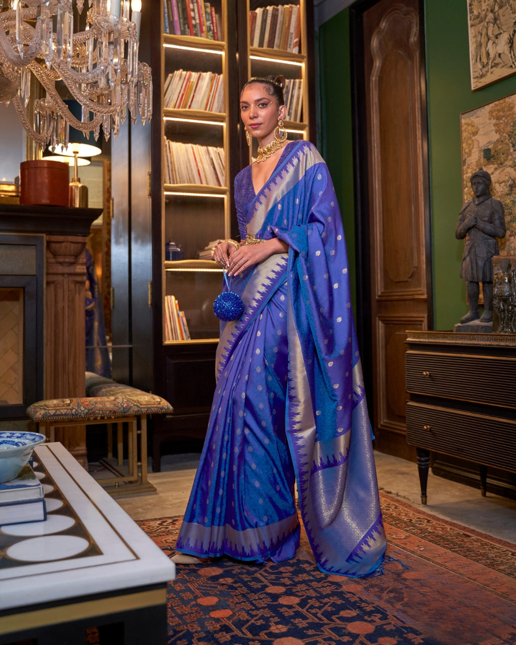 Royal Blue Handloom Silk with woven buti
