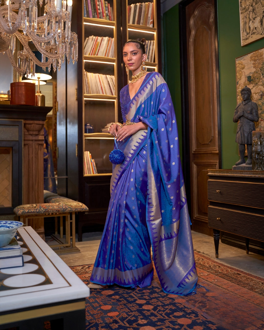 Royal Blue Handloom Silk with woven buti
