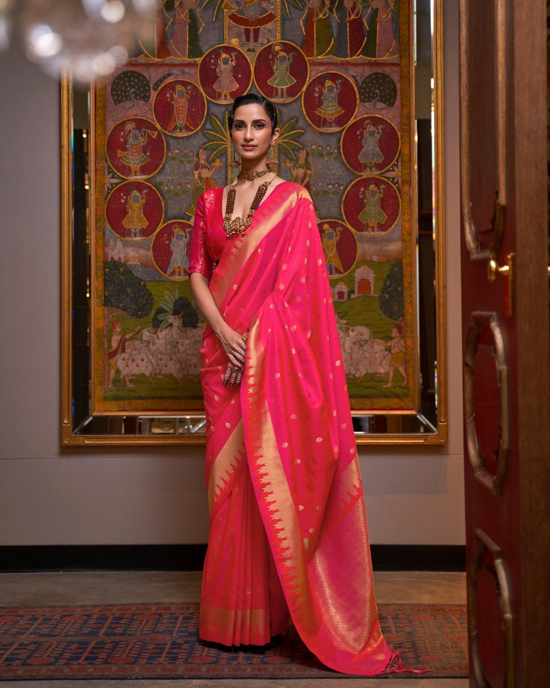 Pink Handloom Silk with woven buti