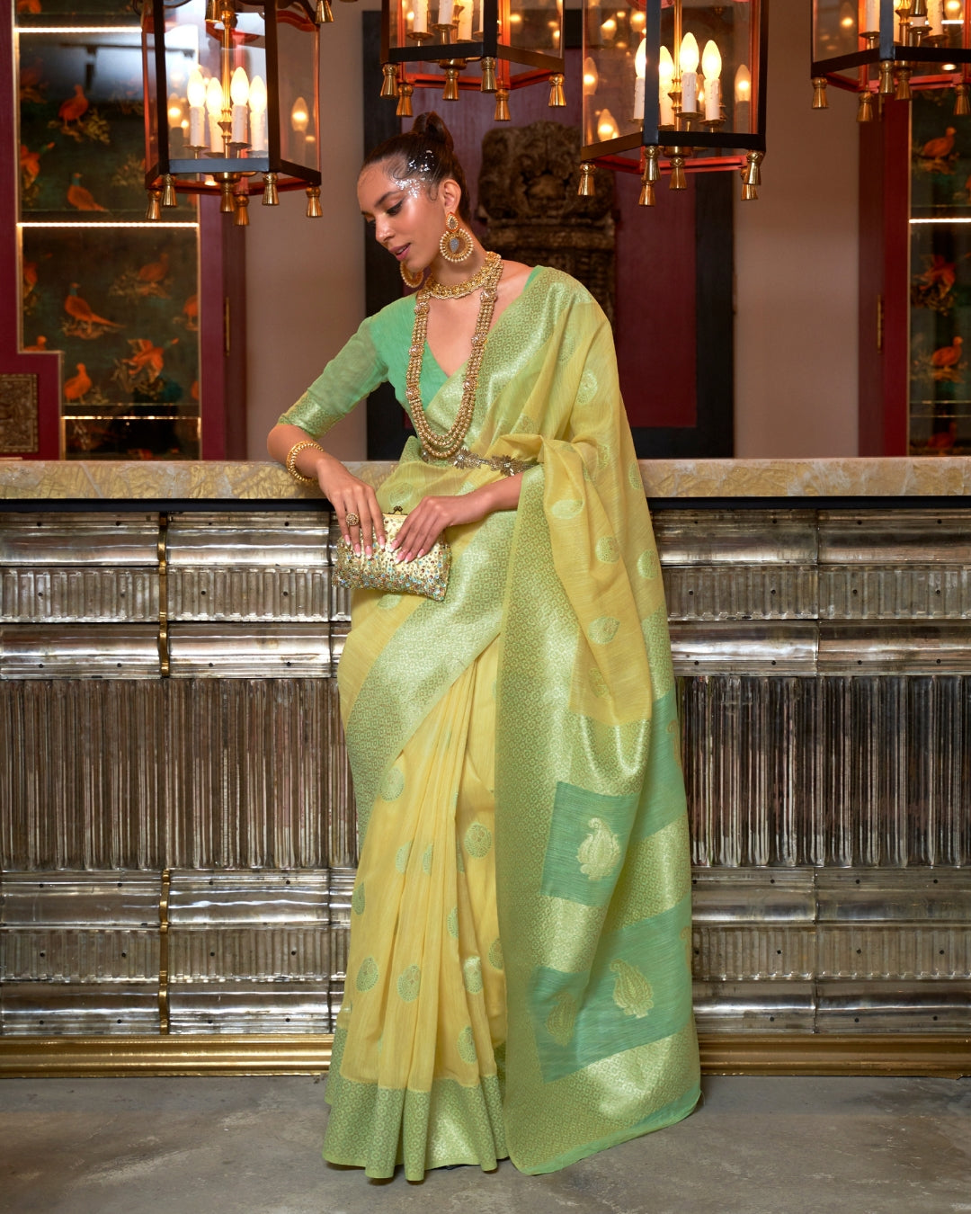 Yellow Linen Saree with Woven Motifs