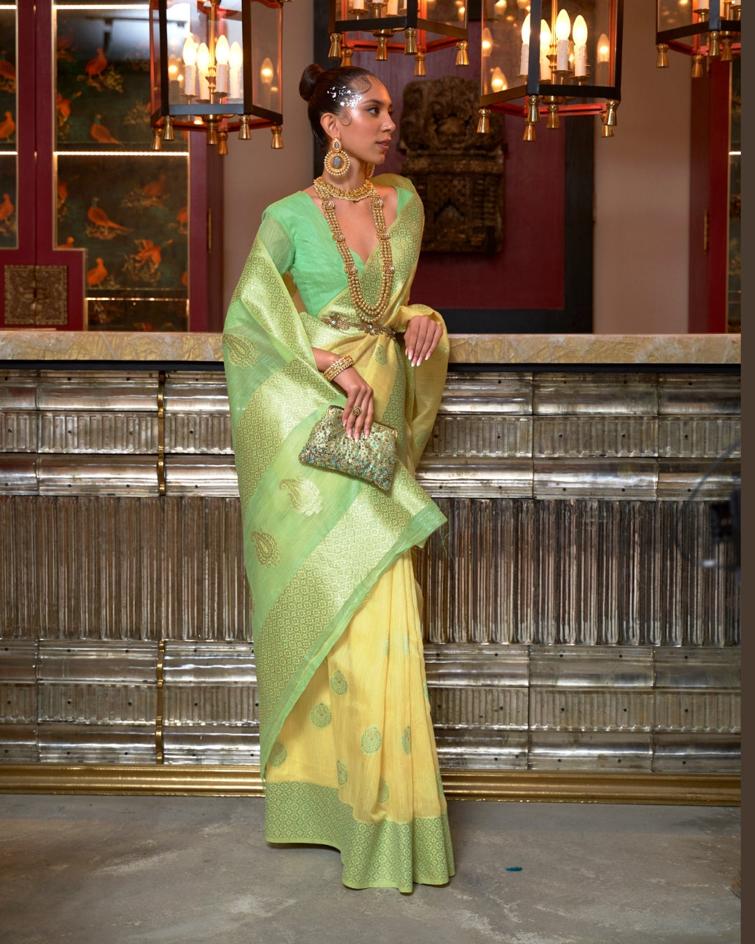 Yellow Linen Saree with Woven Motifs
