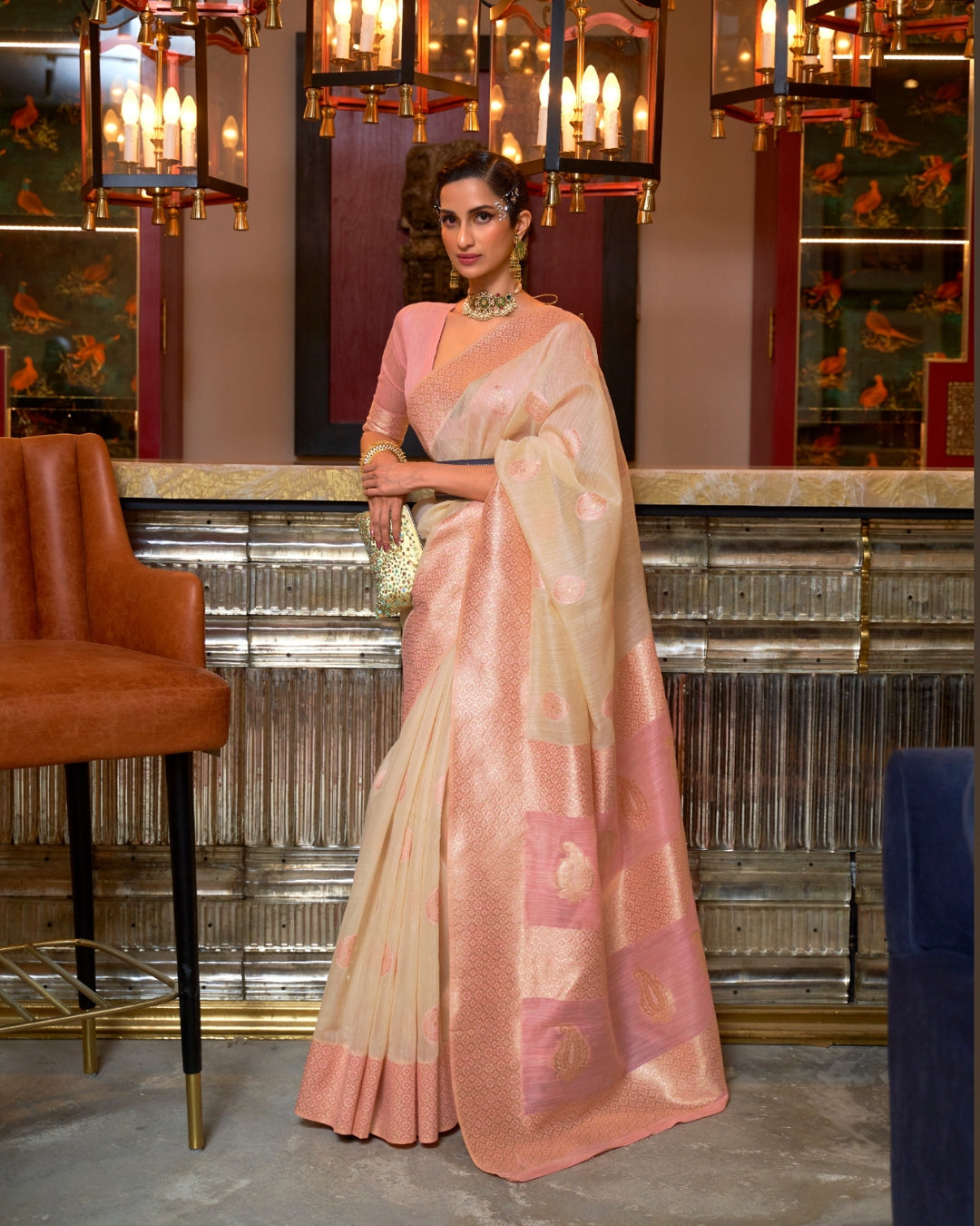 Beige Linen Saree with Woven Motifs