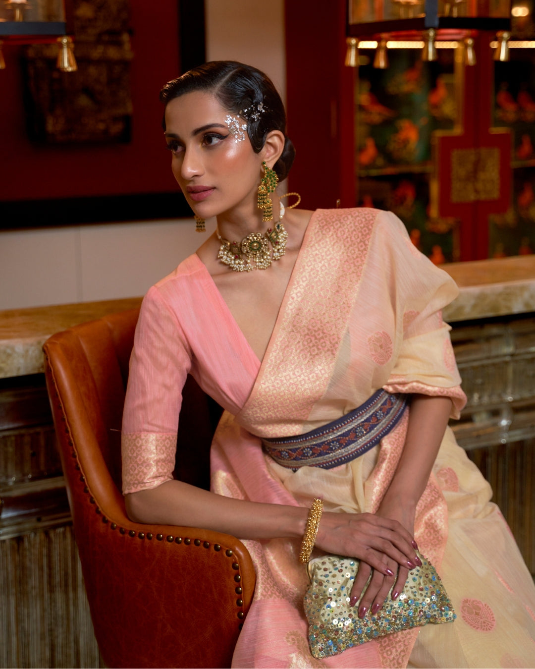 Beige Linen Saree with Woven Motifs