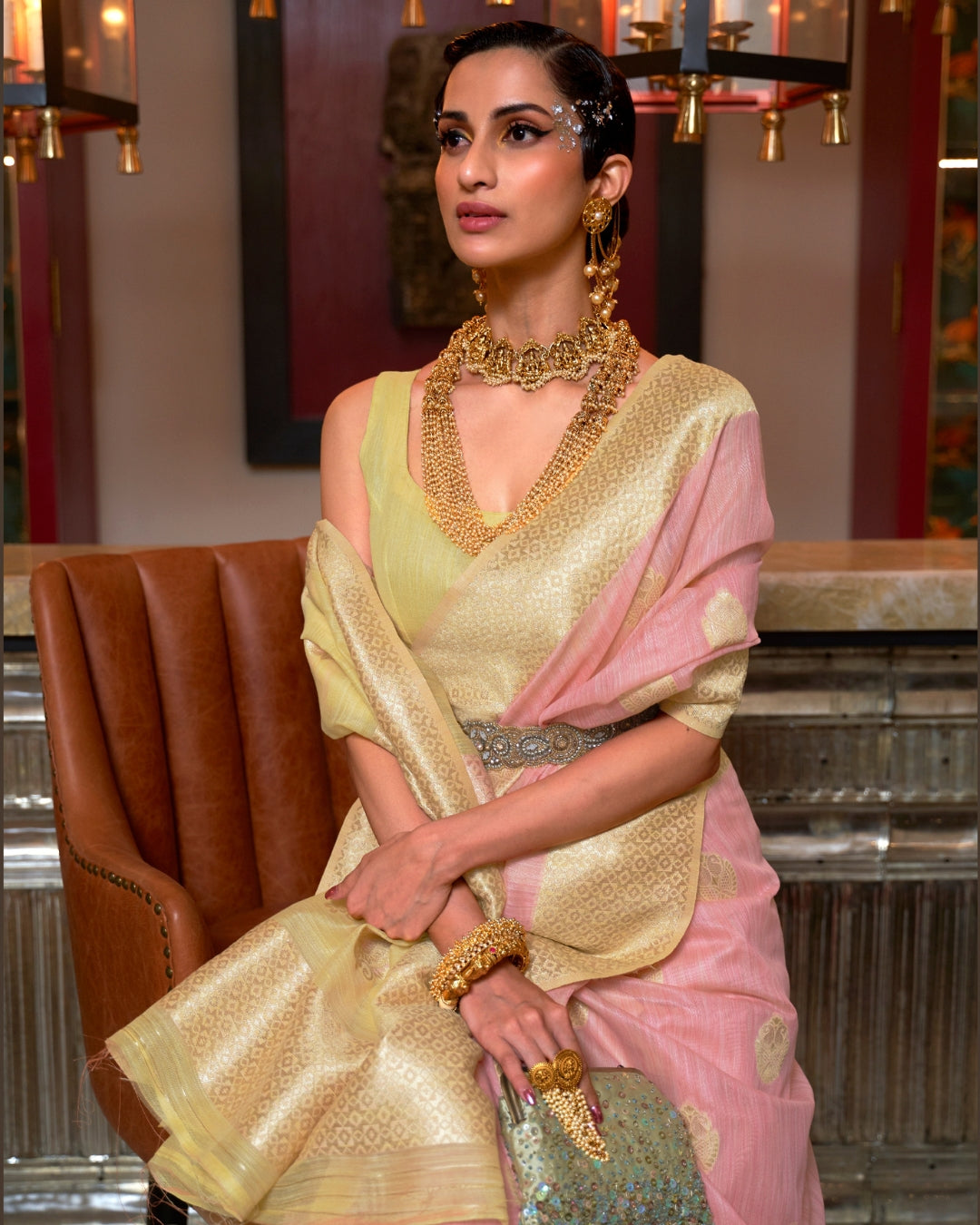 Pink Linen Saree with Woven Motifs