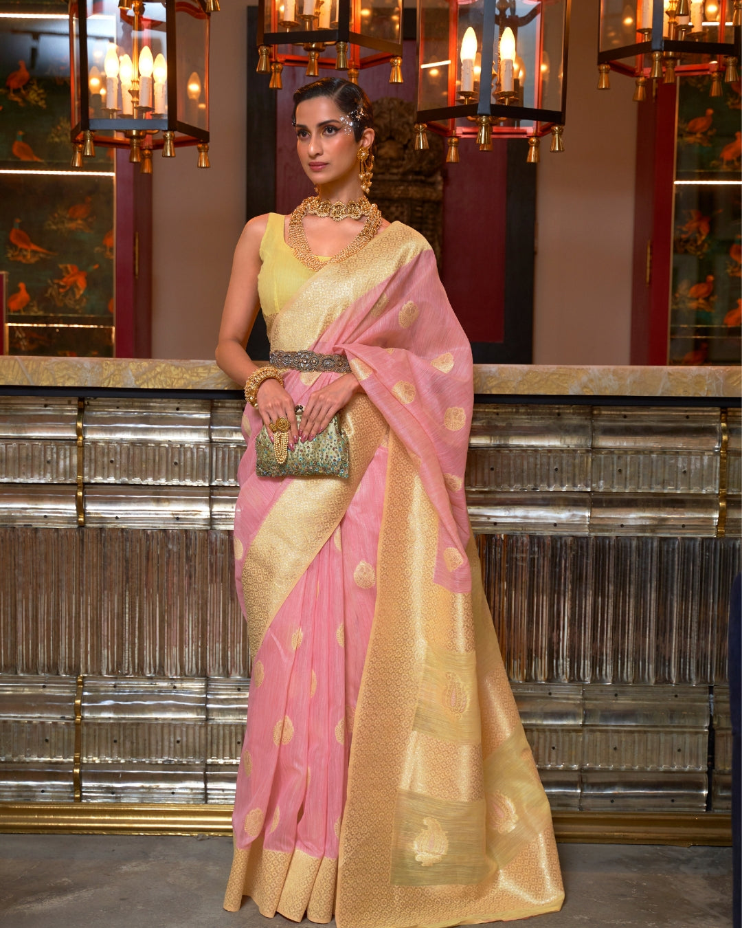 Pink Linen Saree with Woven Motifs
