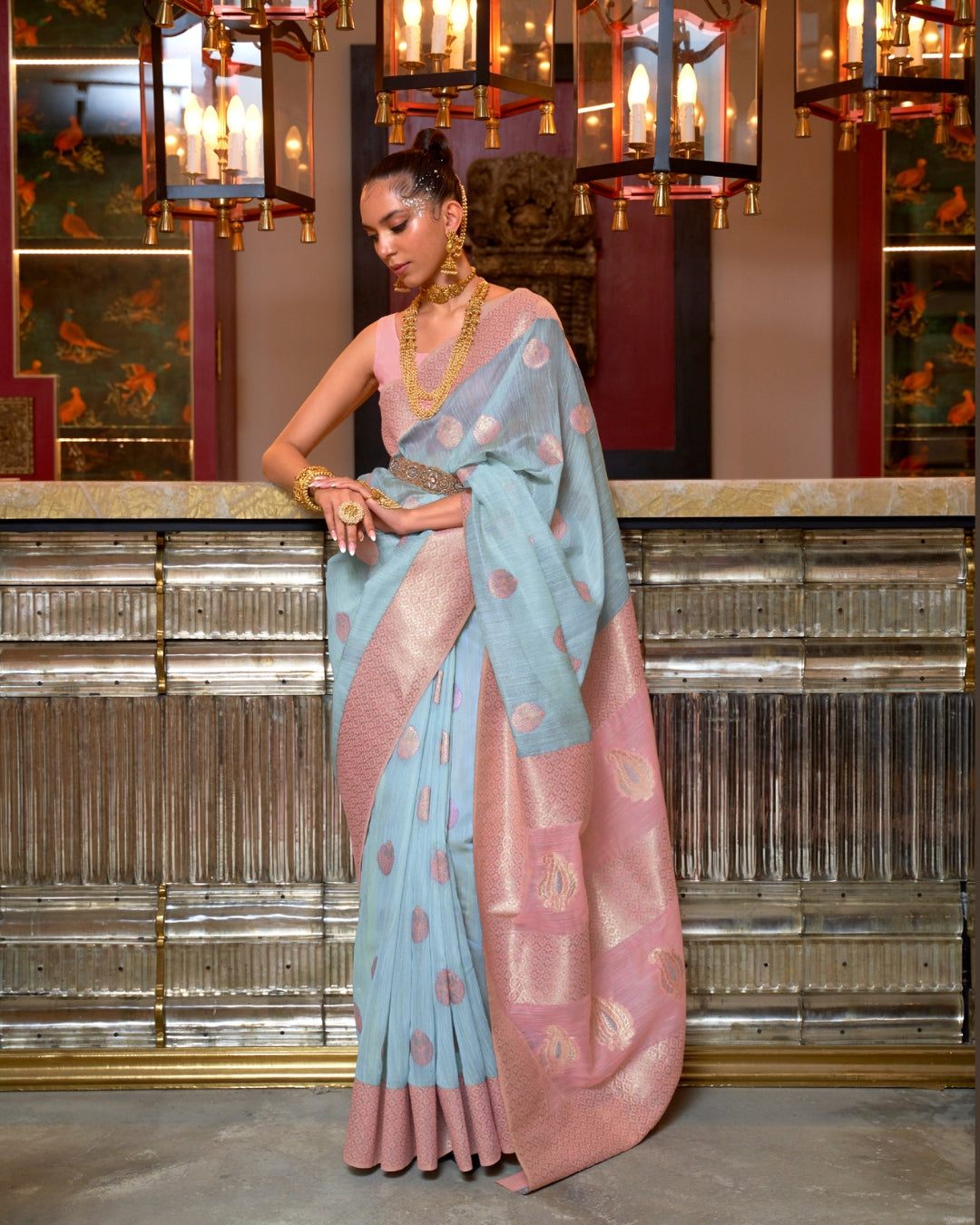 Blue Linen Saree with Woven Motifs