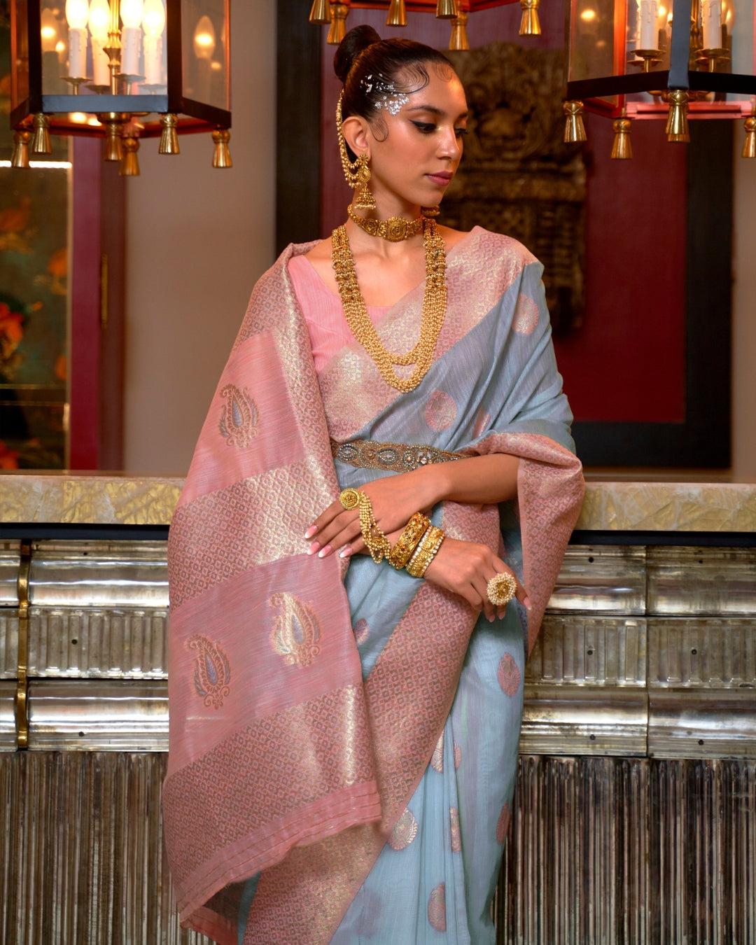 Blue Linen Saree with Woven Motifs