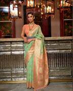 green Linen Saree with Woven Motifs