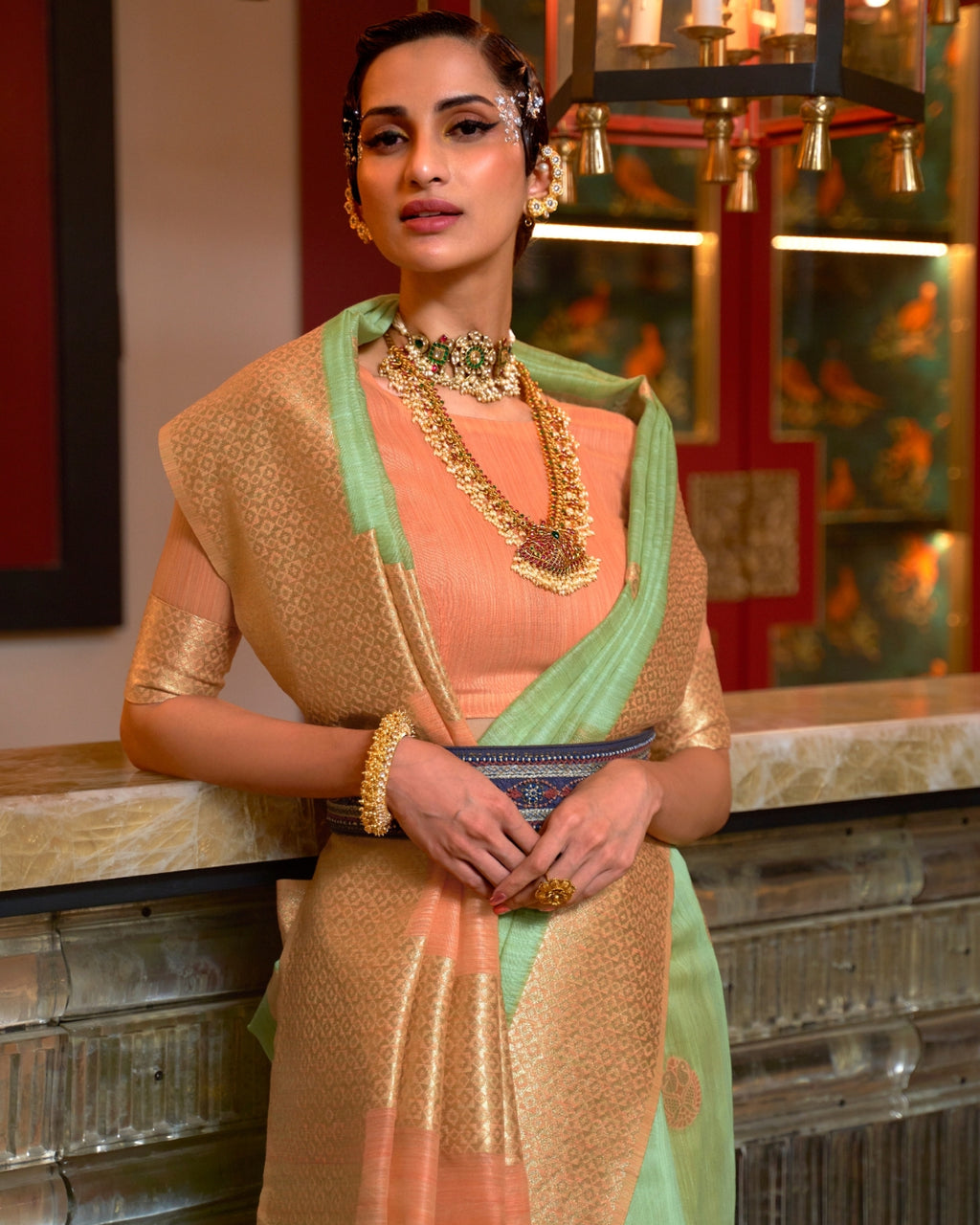 green Linen Saree with Woven Motifs