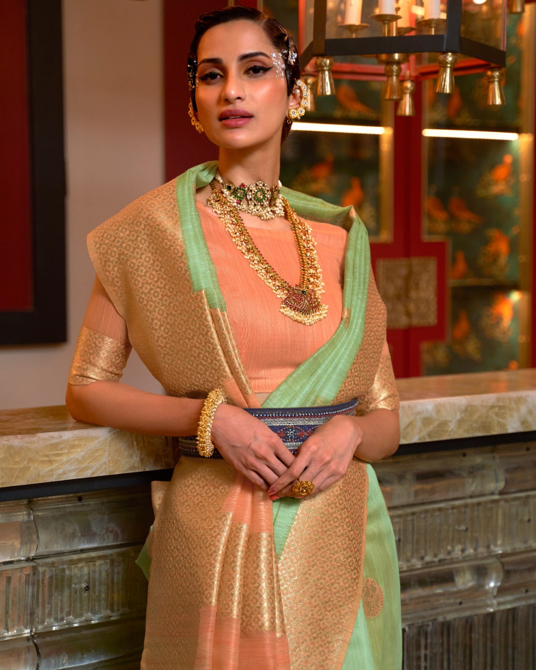 green Linen Saree with Woven Motifs