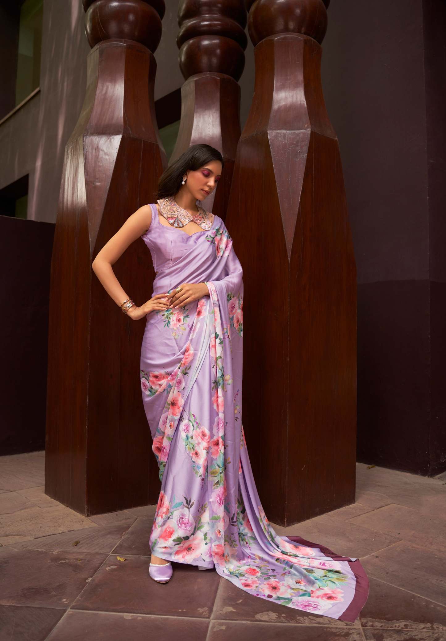 Lilac Satin Crepe saree with Digital Print