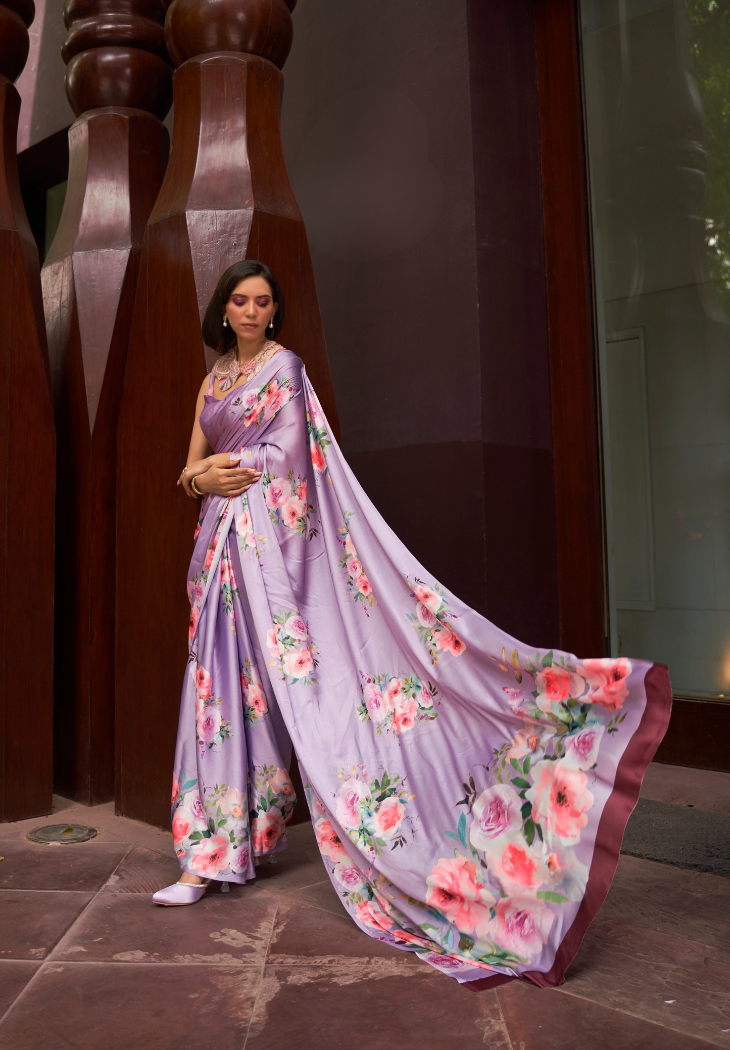 Lilac Satin Crepe saree with Digital Print
