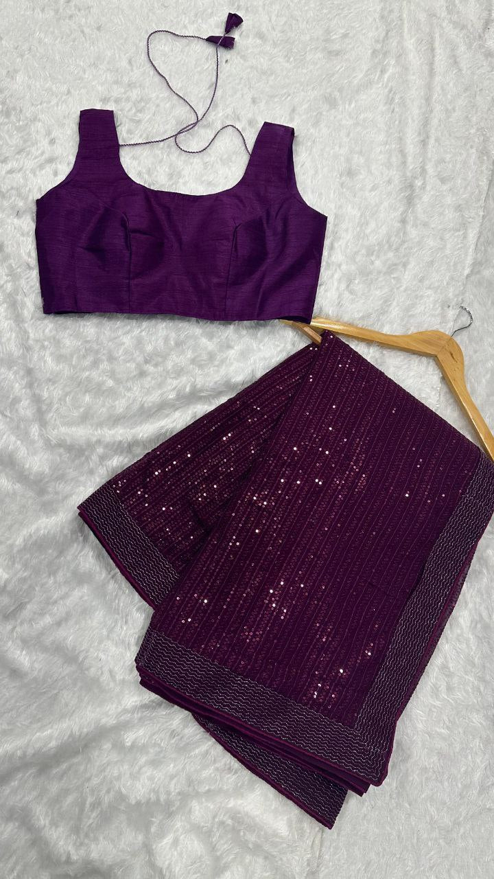 Purple Georgette Sequins Work Saree