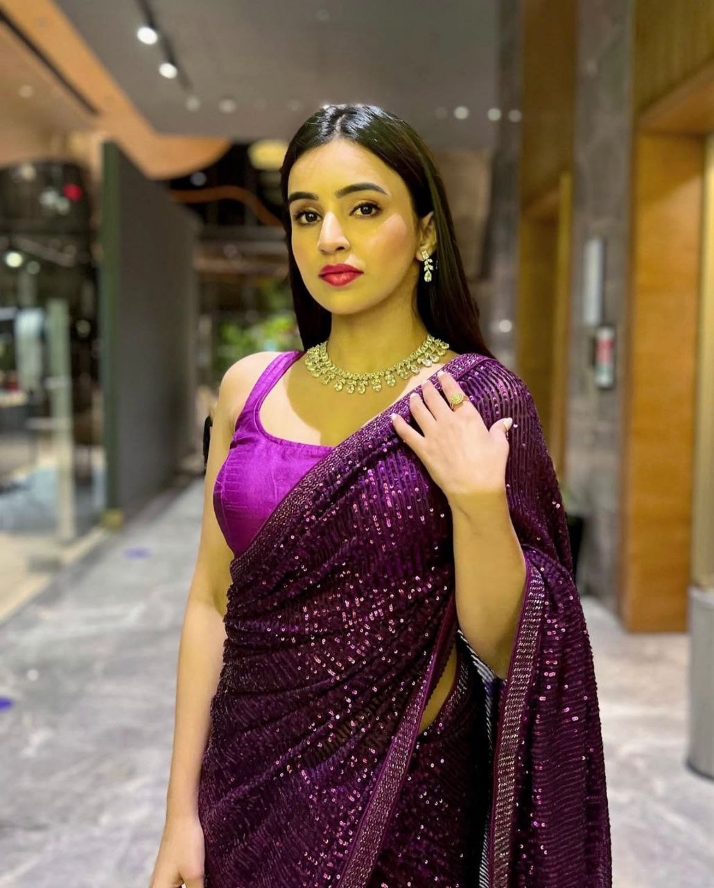 Purple Georgette Sequins Work Saree