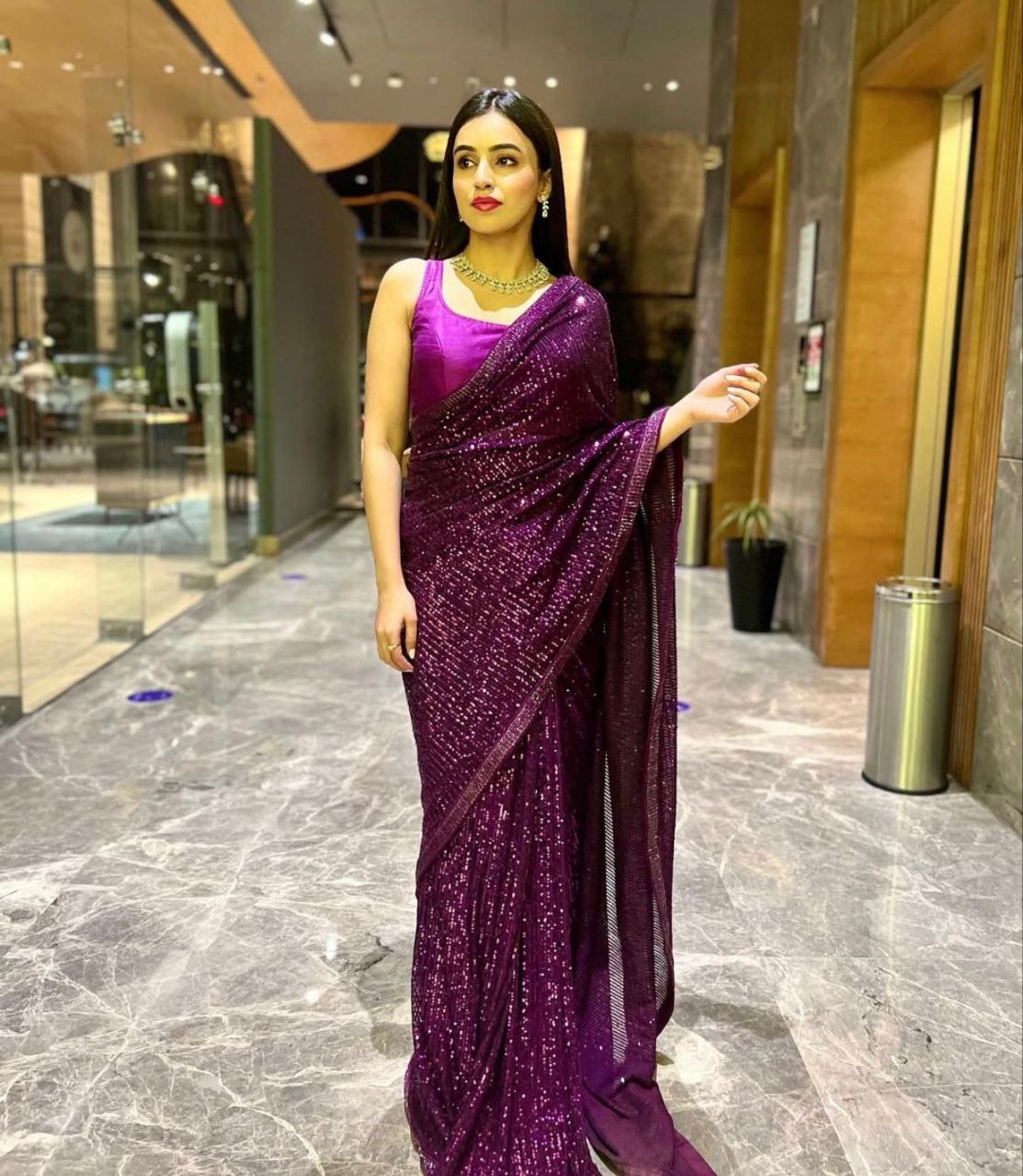 Purple Georgette Sequins Work Saree